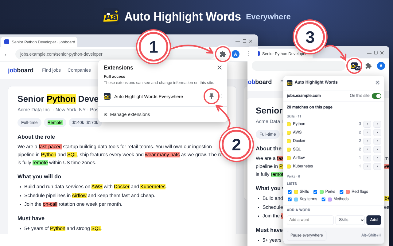 Chrome toolbar: click the puzzle piece, then the pin next to Auto Highlight Words Everywhere, then click the icon